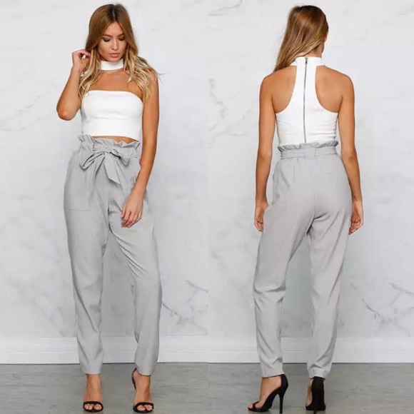 Tie Front High Waisted Chiffon Slim Slacks Pockets - Picture 3 of 6